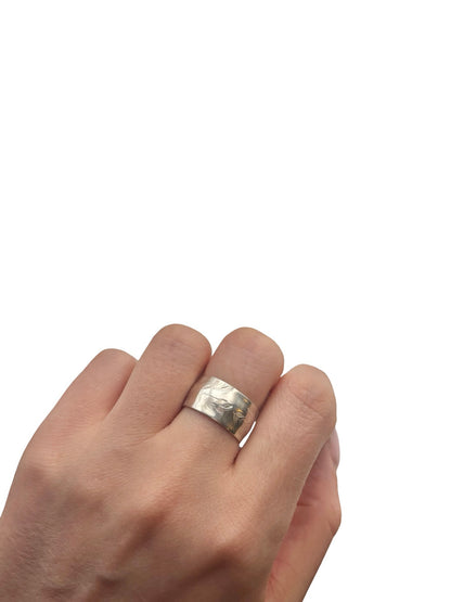 Hand wearing a silver ring on a white background